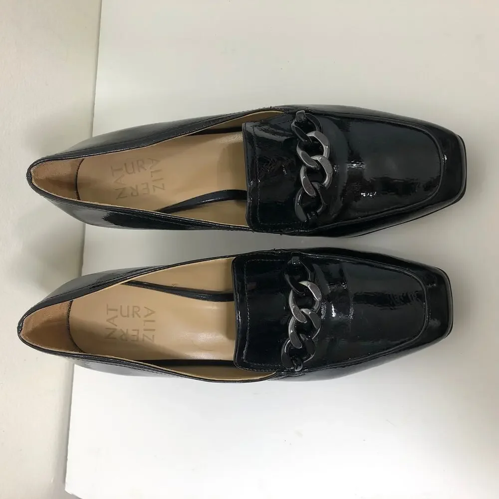Naturalizer Pump Black Patent Faux Leather Block Heel Square Toe Chain Bit 7.5
